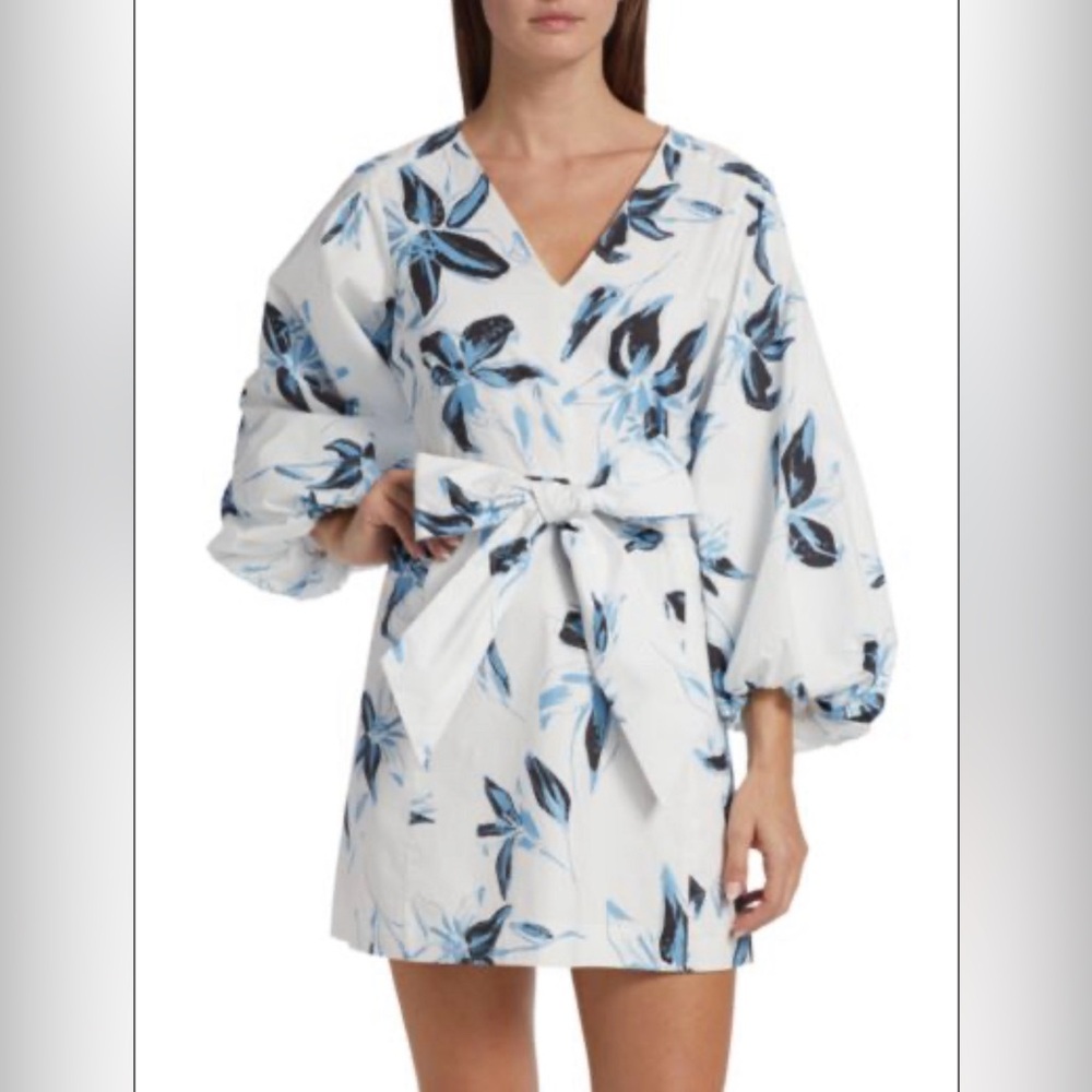 Tanya Taylor Loretta Dress white and blue floral long sleeve